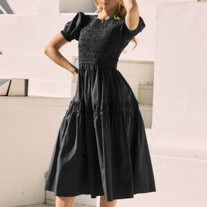 ODDI BLACK SMOCKED MIDI DRESS